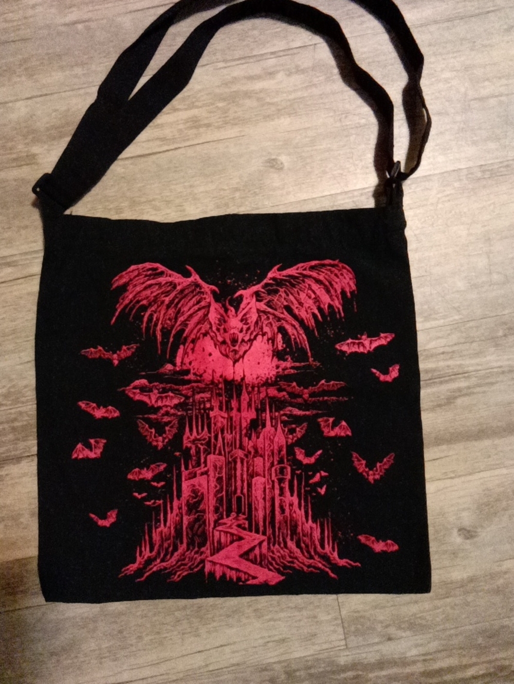 Black Canvas Messenger Bag with Red Gothic Bat Design